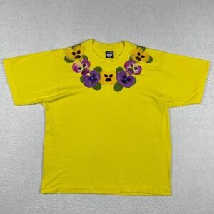 Screen Stars Best Shirt Womens Large Yellow Vintage Floral Flowers Made In USA